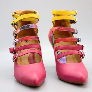 Fluevogs, leather heeled booties sandal type of shoe multi color worn one time